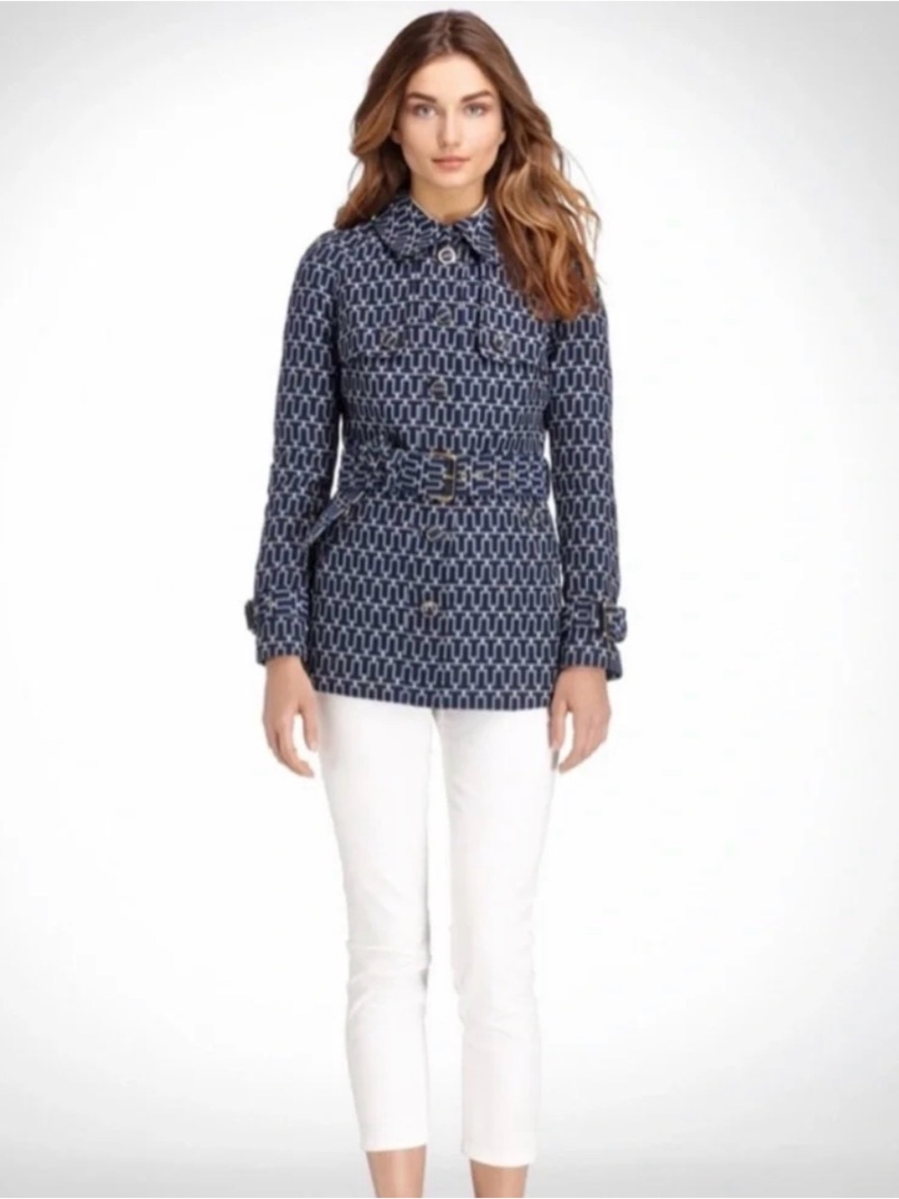 Tory Burch Navy T Patterned Belted Trench Coat - Picture 7 of 7